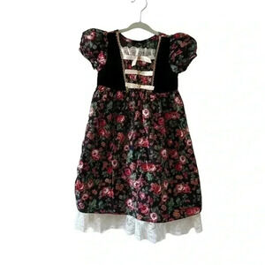 Jenny Annie Dots VTG Little Girl Dress Prairie Lace Floral Velvet SZ 3T #2000